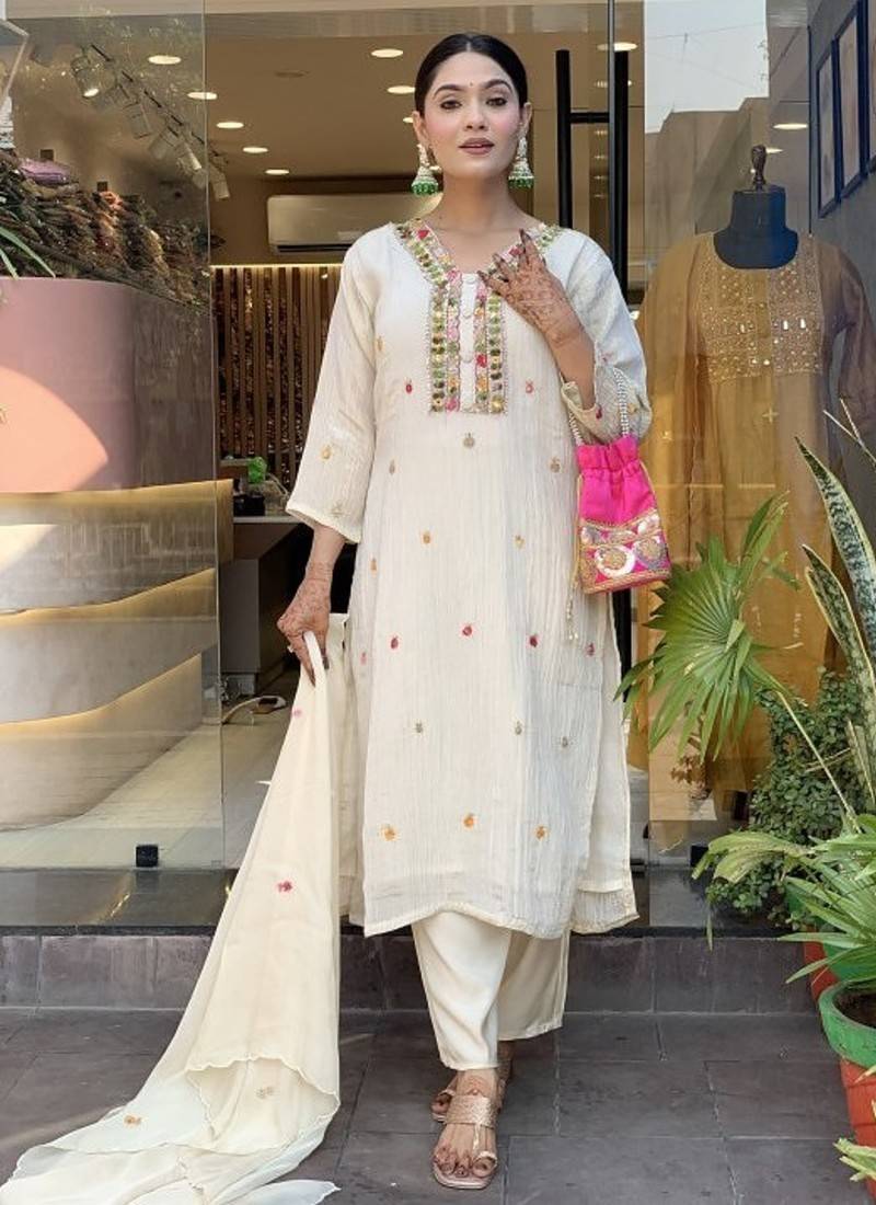 Women's Gorgeous Chinon Fabric Embroidery Work Straight Kurta Pant and Dupatta Set