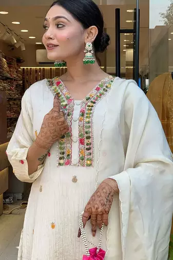 Women's  Chinon Embroidery Work Straight Kurta Pant and Dupatta Set