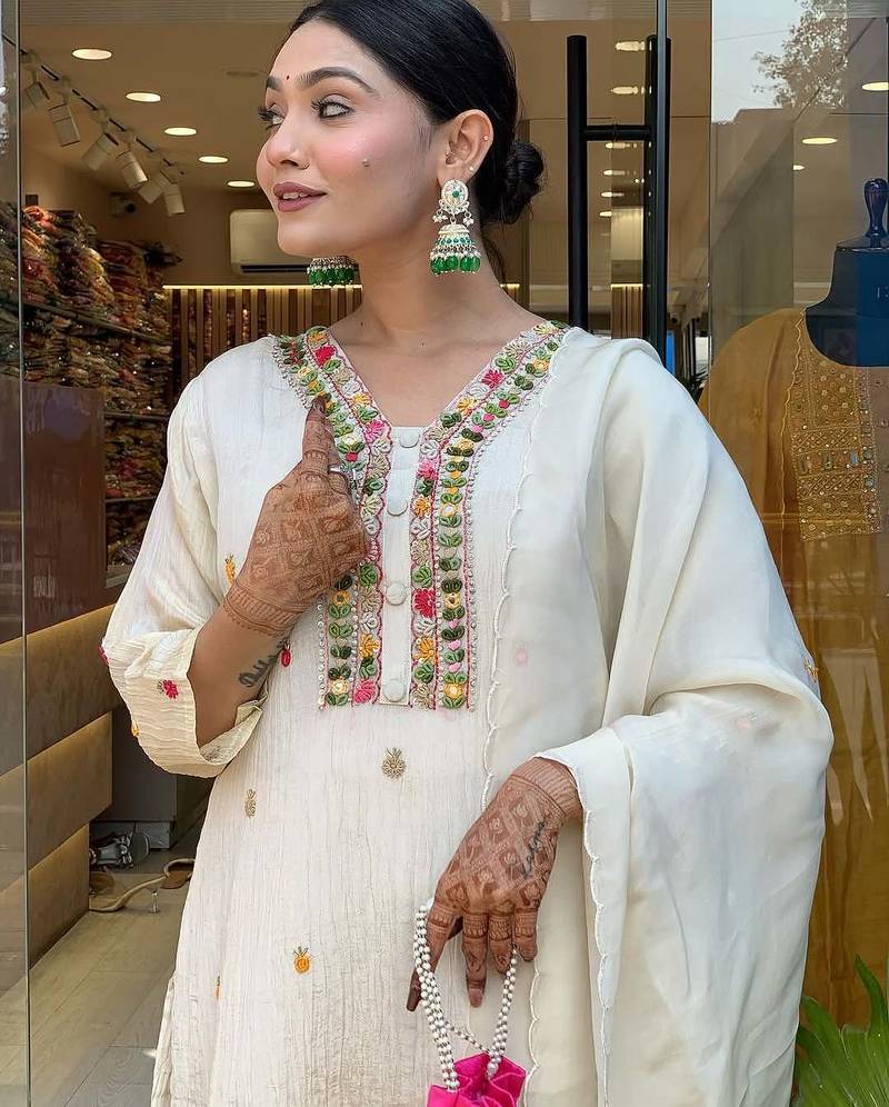 Women's Gorgeous Chinon Fabric Embroidery Work Straight Kurta Pant and Dupatta Set