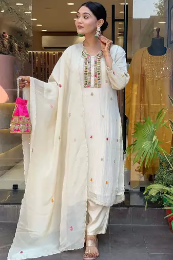 Women's  Chinon Embroidery Work Straight Kurta Pant and Dupatta Set