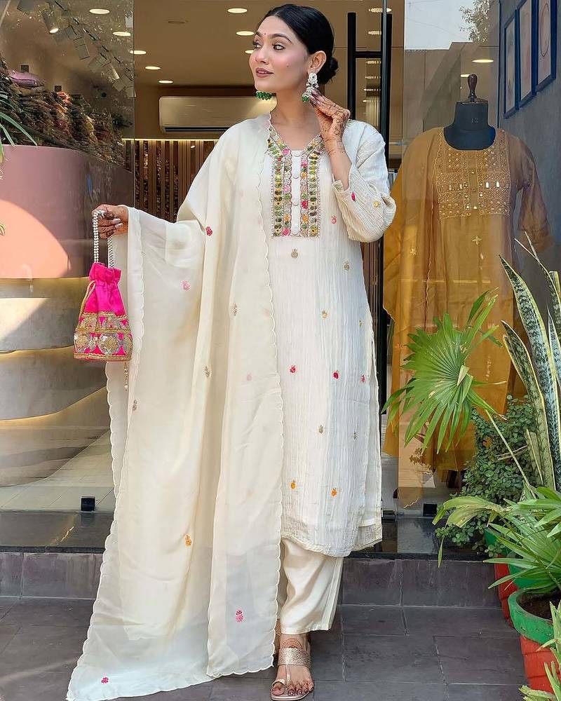 Women's Gorgeous Chinon Fabric Embroidery Work Straight Kurta Pant and Dupatta Set