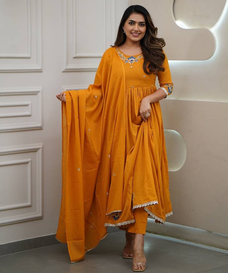 Women's Gorgeous Viscose Fabric Embroidery Work Flared Kurta Pant and Dupatta Set