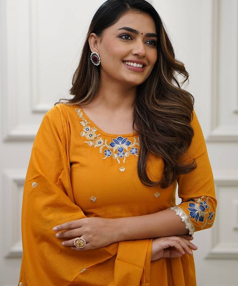 Women's Gorgeous Viscose Fabric Embroidery Work Flared Kurta Pant and Dupatta Set