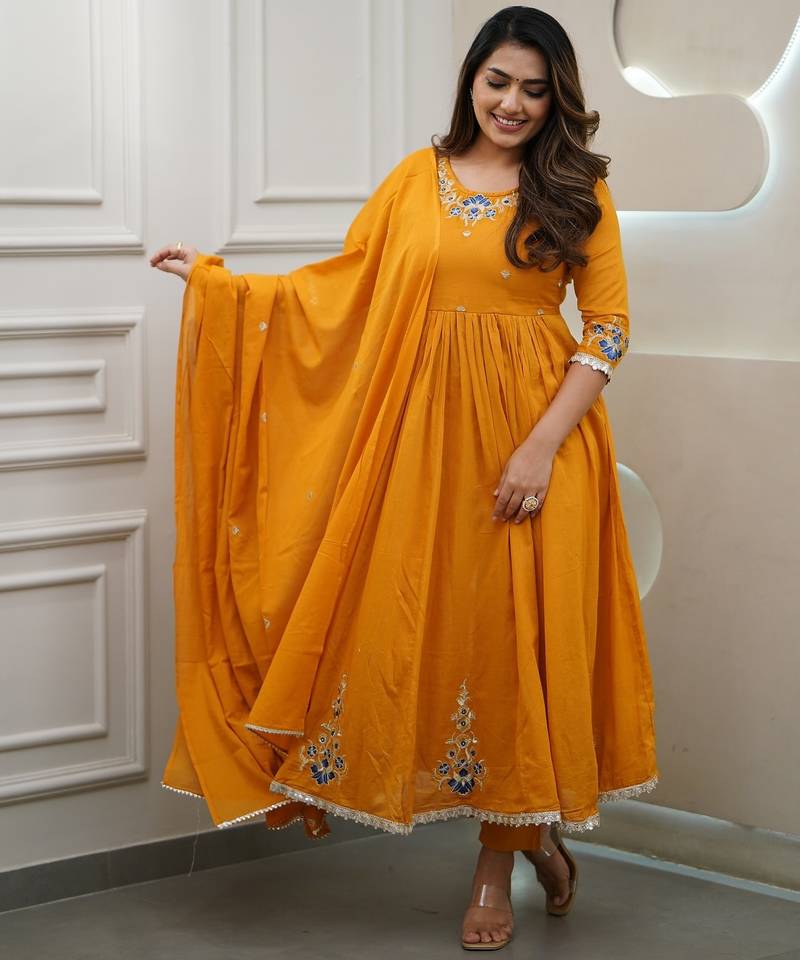 Women's Gorgeous Viscose Fabric Embroidery Work Flared Kurta Pant and Dupatta Set