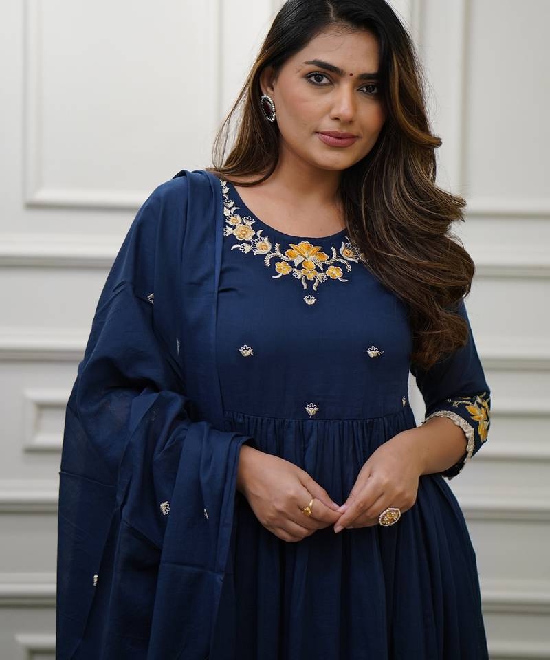 Women's Gorgeous Viscose Fabric Embroidery Work Flared Kurta Pant and Dupatta Set