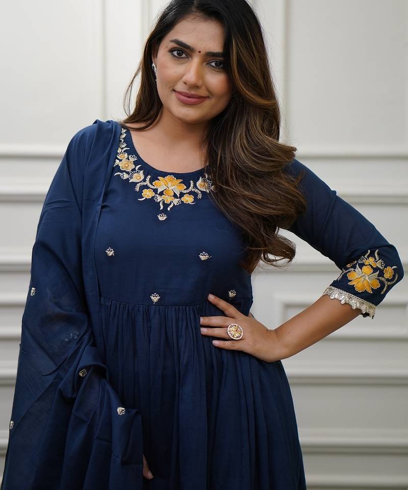 Women's Gorgeous Viscose Fabric Embroidery Work Flared Kurta Pant and Dupatta Set