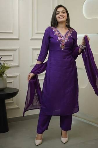 Women's Gorgeous Vichitra Fabric Embroidery Work Straight Kurta Pant and Dupatta Set