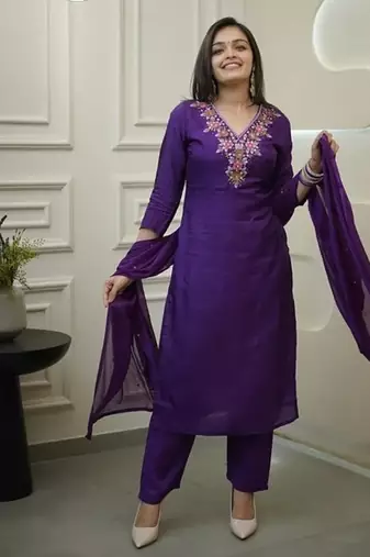 Women's Gorgeous Vichitra Fabric Embroidery Work Straight Kurta Pant and Dupatta Set