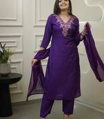 Women's Gorgeous Vichitra Fabric Embroidery Work Straight Kurta Pant and Dupatta Set