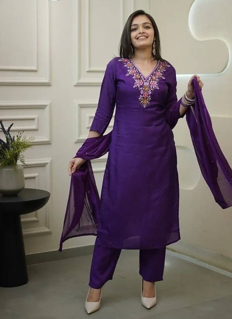 Women's Gorgeous Vichitra Fabric Embroidery Work Straight Kurta Pant and Dupatta Set