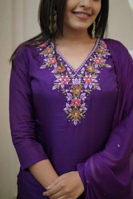 Women's  Vichitra Embroidery Work Straight Kurta Pant and Dupatta Set 2