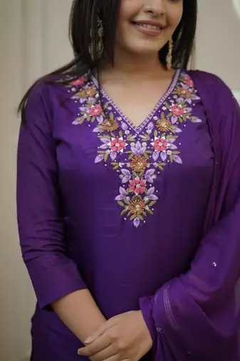 Women's  Vichitra Embroidery Work Straight Kurta Pant and Dupatta Set