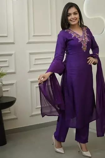 Women's  Vichitra Embroidery Work Straight Kurta Pant and Dupatta Set