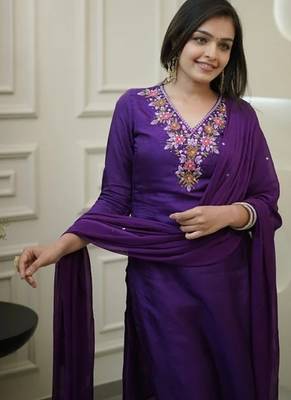 Women's  Vichitra Embroidery Work Straight Kurta Pant and Dupatta Set 4