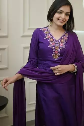 Women's  Vichitra Embroidery Work Straight Kurta Pant and Dupatta Set