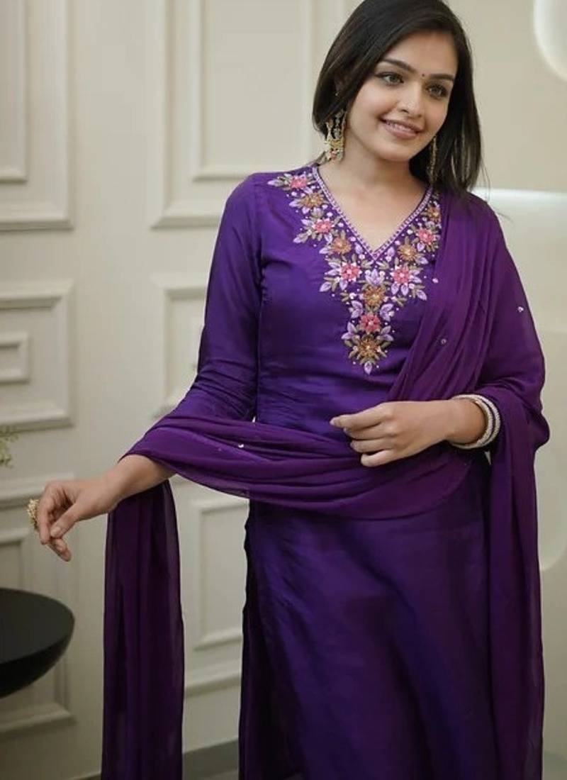 Women's Gorgeous Vichitra Fabric Embroidery Work Straight Kurta Pant and Dupatta Set