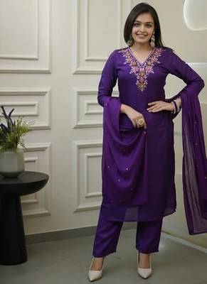Women's  Vichitra Embroidery Work Straight Kurta Pant and Dupatta Set 5