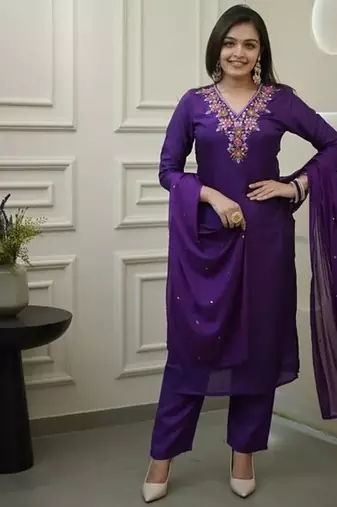 Women's  Vichitra Embroidery Work Straight Kurta Pant and Dupatta Set