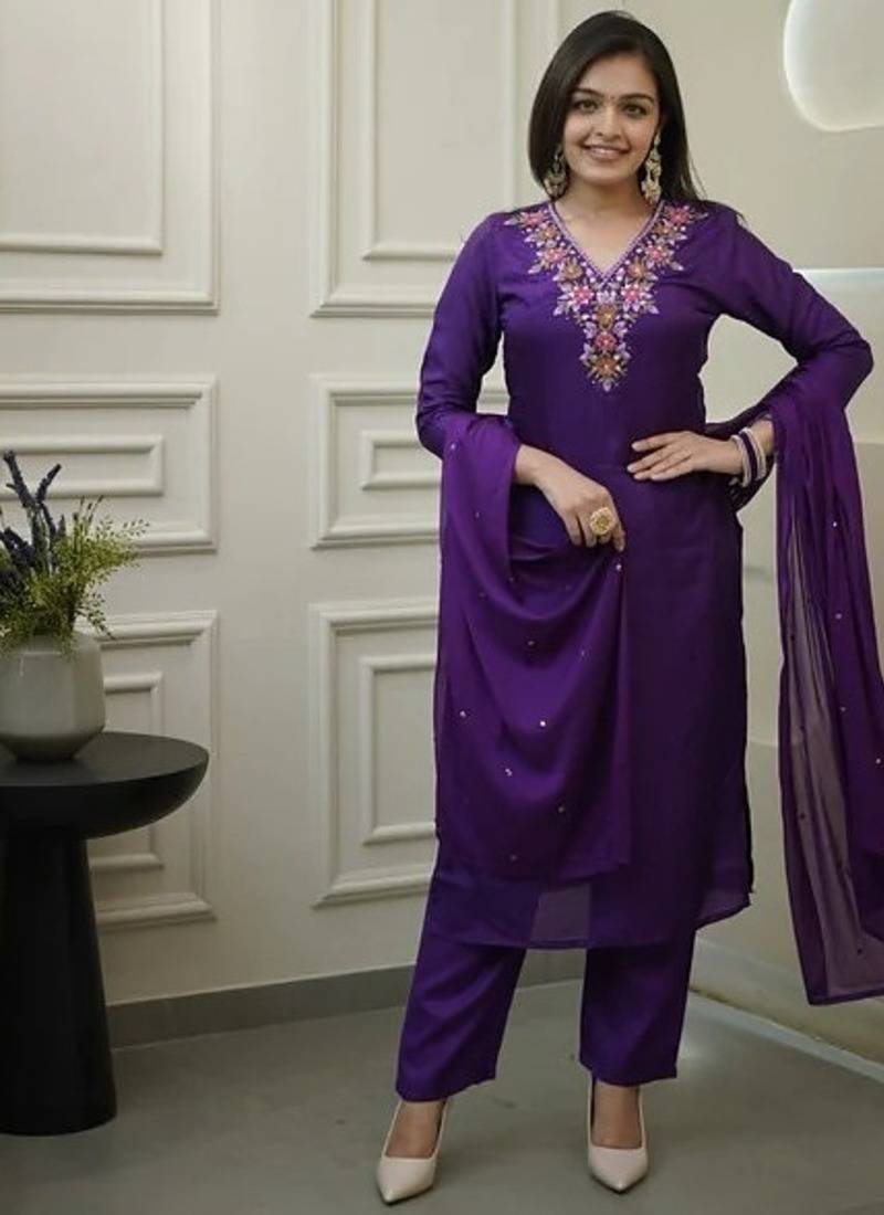 Women's Gorgeous Vichitra Fabric Embroidery Work Straight Kurta Pant and Dupatta Set