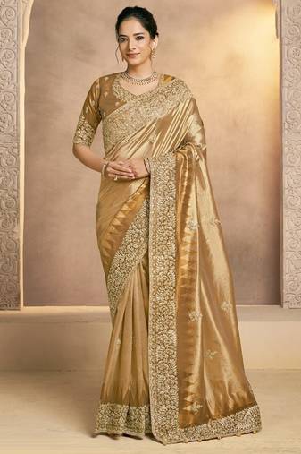 antique gold  weaved zari kora silk blend sequince embroidery with zardozi handwork designer saree