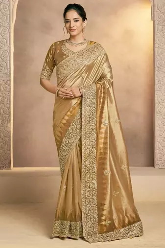 antique gold  weaved zari kora silk blend sequince embroidery with zardozi handwork designer saree