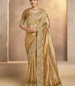 antique gold  weaved zari kora silk blend sequince embroidery with zardozi handwork designer saree