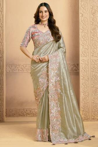 silver zari tissue sequince embroidery with swarovski work designer saree