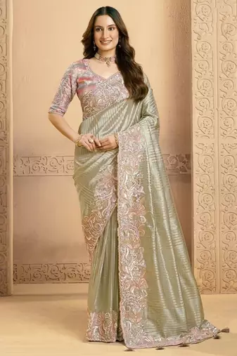 silver zari tissue sequince embroidery with swarovski work designer saree