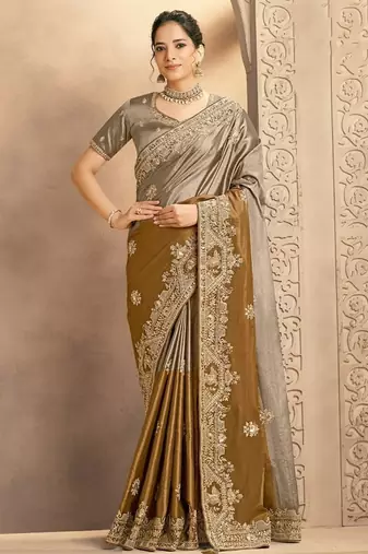 antique gold & gray kora zari silk blend zardosi & cutdana handwork designer saree