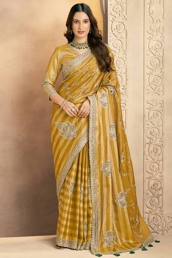 golden kanjivaram zari silk blend sequince & aari work with stone designer saree