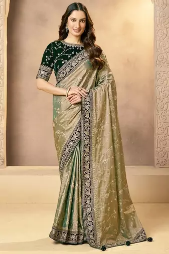 shine olive kora tissue zari silk blend zardosi with sequince work designer saree