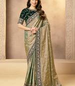 shine olive kora tissue zari silk blend zardosi with sequince work designer saree