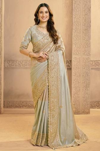 off white kora zari silk blend sequince & beads work designer saree