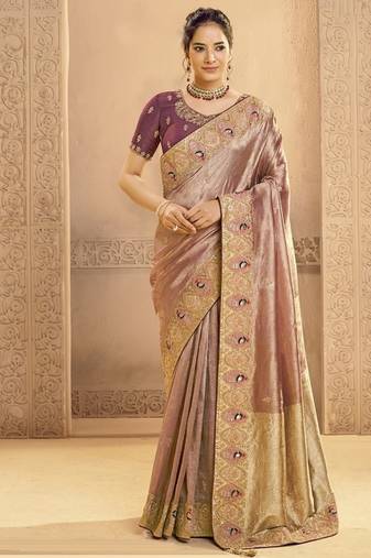 shine rose gold zari tissue silk blend motifs & cutdana handwork designer saree