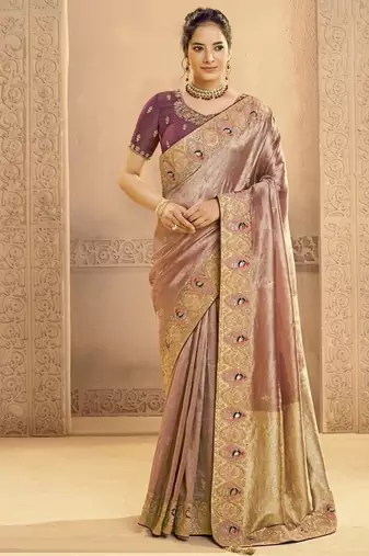 shine rose gold zari tissue silk blend motifs & cutdana handwork designer saree