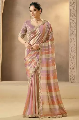 multicolour banarasi tissue pearls & beads work designer saree