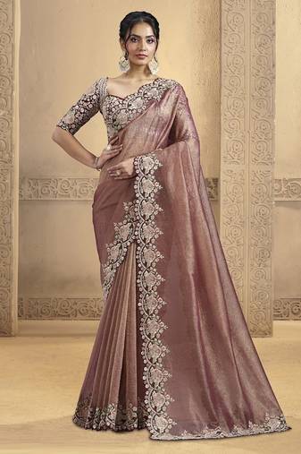 onion pink pure banarasi crush with hand work designer saree
