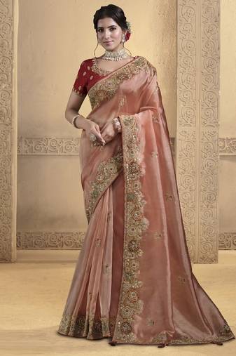 peach glass tissue sequince with thread work designer saree