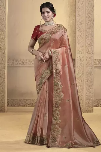peach glass tissue sequince with thread work designer saree