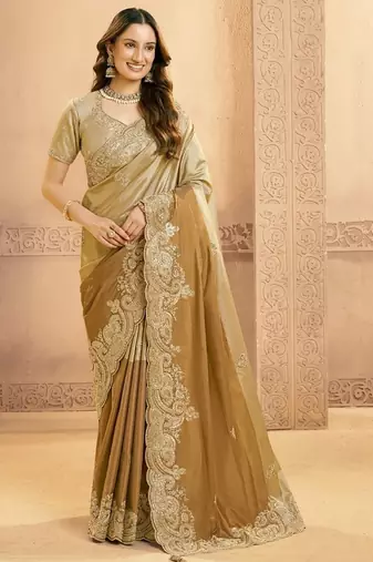 beige & antique gold kora zari silk blend sequince with beads work designer saree