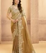 beige & antique gold kora zari silk blend sequince with beads work designer saree