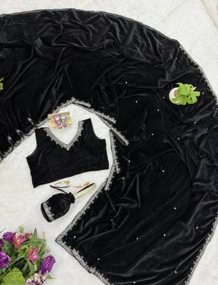 Black Velvet Embroidery Lace Work Saree with Stitched Blouse 6
