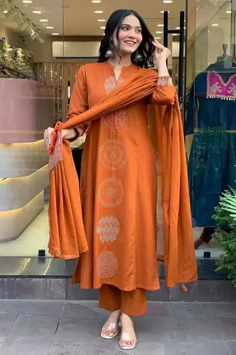 Women's  Chanderi Embroidery Work Straight Kurta Pant and Dupatta Set
