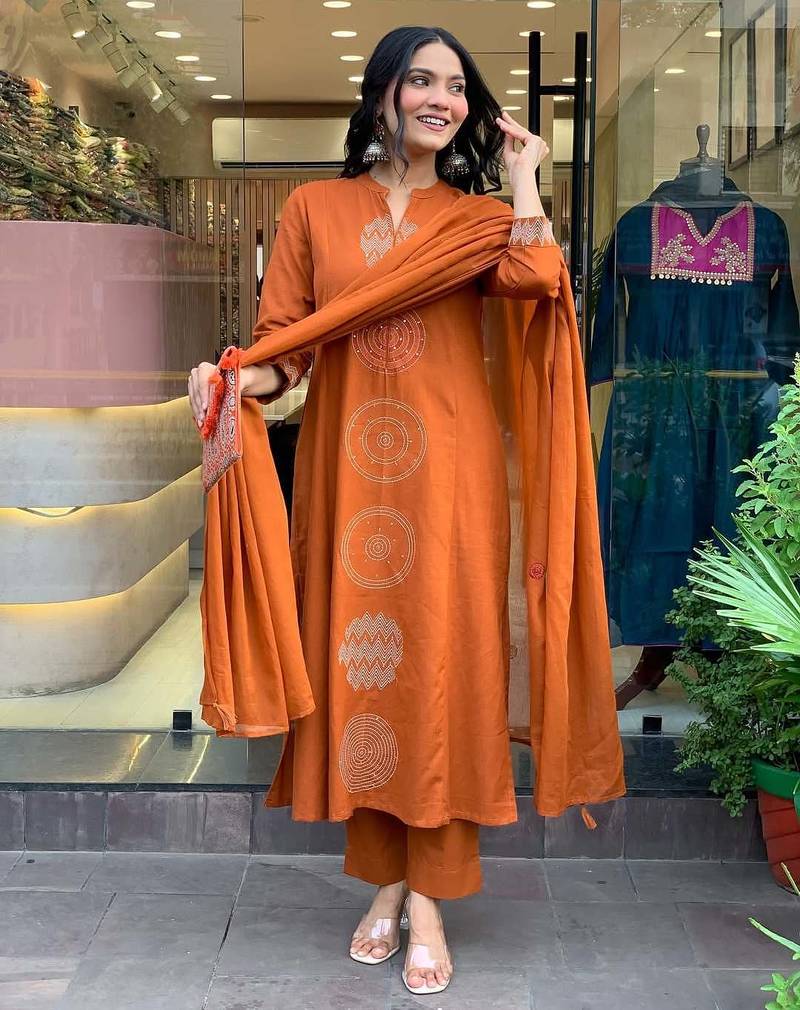 Women's Gorgeous Chanderi Fabric Embroidery Work Straight Kurta Pant and Dupatta Set