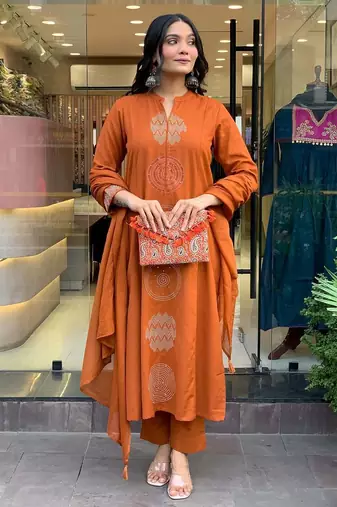 Women's  Chanderi Embroidery Work Straight Kurta Pant and Dupatta Set