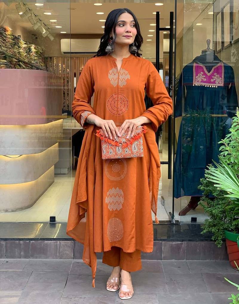 Women's Gorgeous Chanderi Fabric Embroidery Work Straight Kurta Pant and Dupatta Set