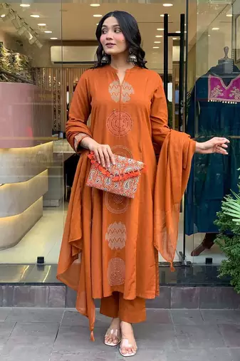 Women's  Chanderi Embroidery Work Straight Kurta Pant and Dupatta Set