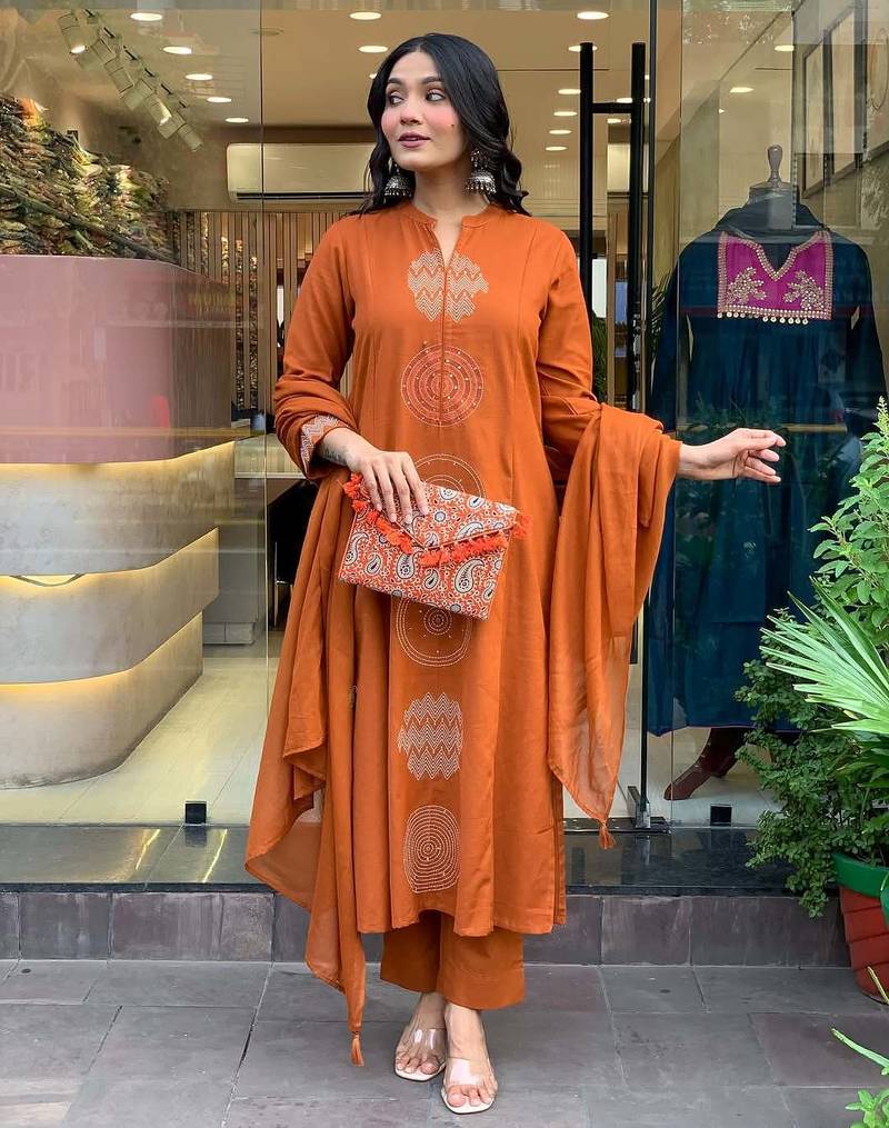 Women's Gorgeous Chanderi Fabric Embroidery Work Straight Kurta Pant and Dupatta Set