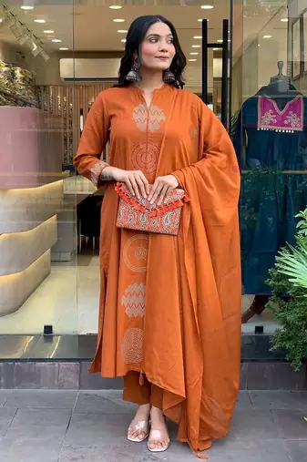 Women's  Chanderi Embroidery Work Straight Kurta Pant and Dupatta Set