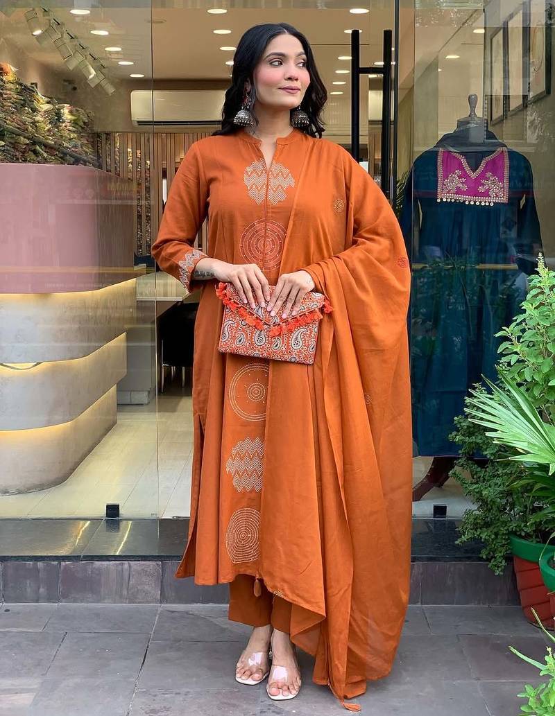 Women's Gorgeous Chanderi Fabric Embroidery Work Straight Kurta Pant and Dupatta Set